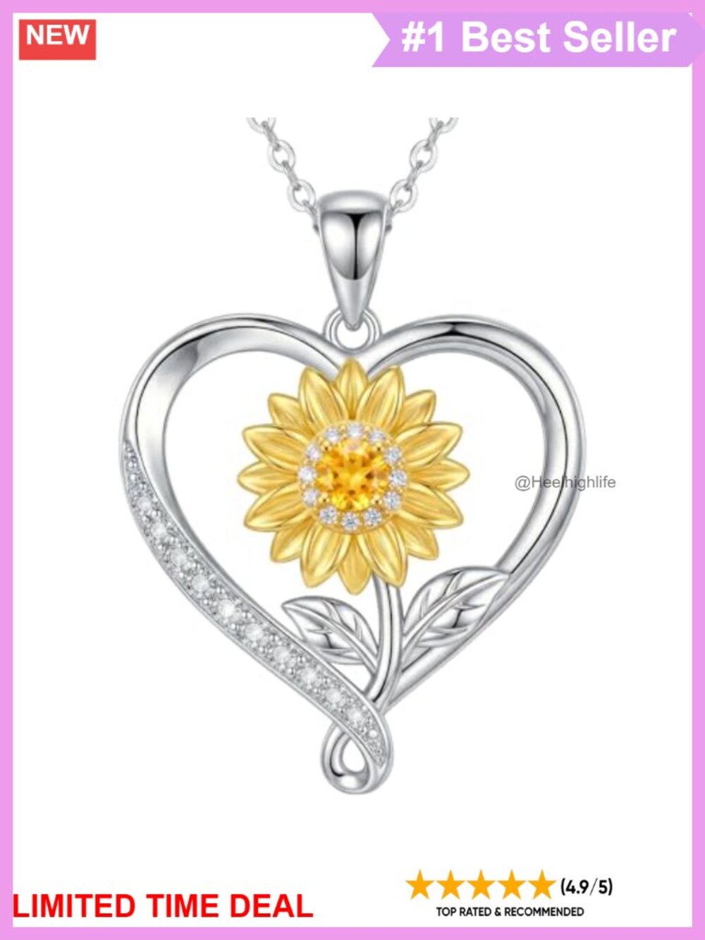 18K Gold Plated 925 Sterling Silver Sunflower Heart Pendant Necklace